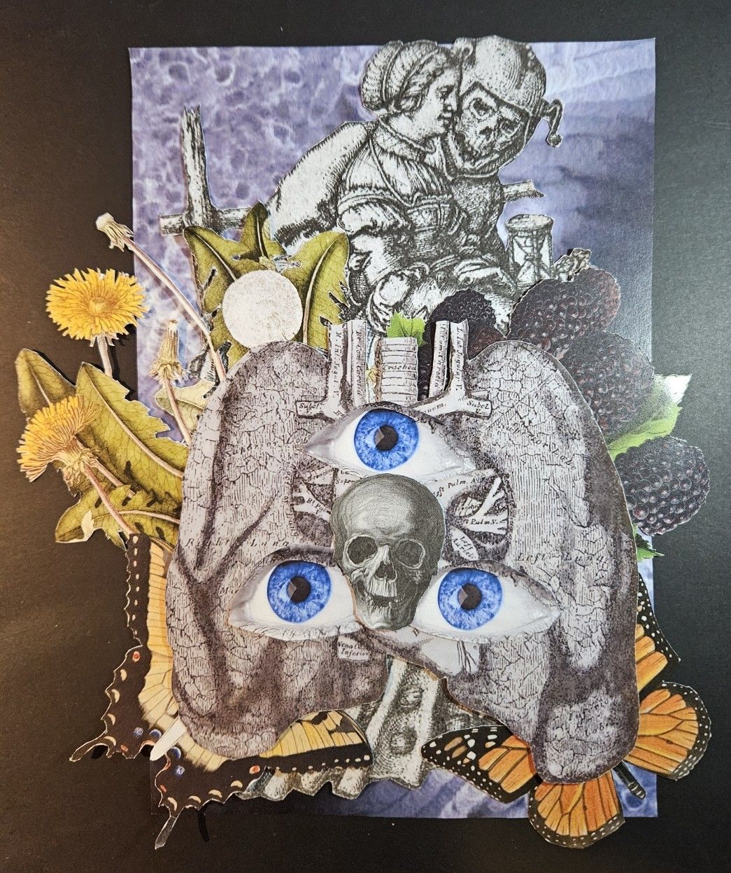 A surreal collage featuring anatomical lungs with three blue eyes and a skull arranged along the center. Around the lungs are cut-outs of dandelions, dark berries, leaves, and orange-and-black butterflies. Behind them is a monochrome medieval-style illustration of a woman and a skeletal figure, set against a mottled purple background.
